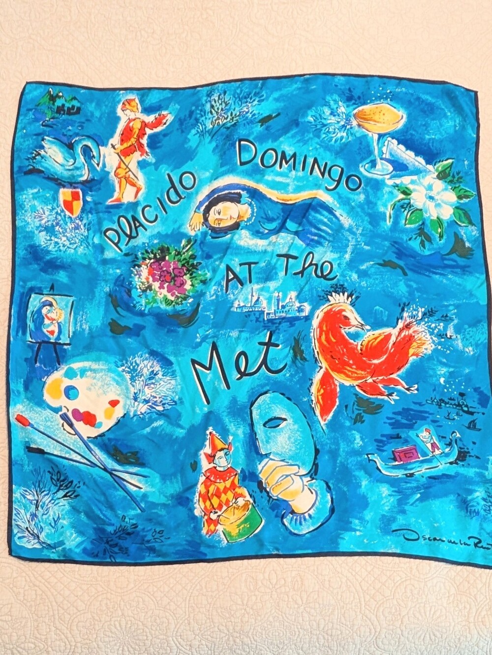 Oscar De La Renta Placido Domingo At The Met Brilliant Colors 34"X35" Silk Scarf